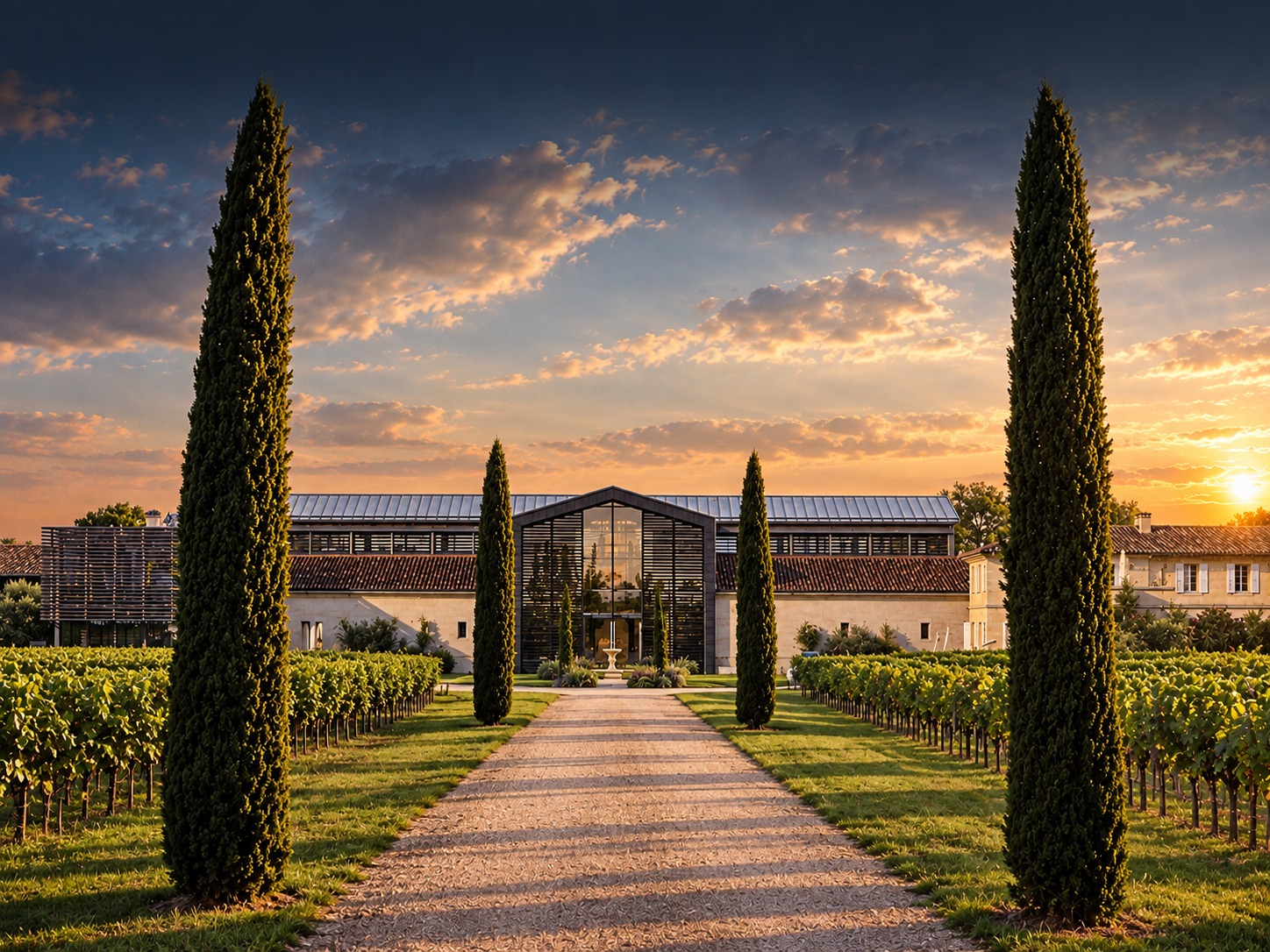 Le domaine au coucher du soleil, au bout d’une allée de gravier bordée de cyprès et de vignes