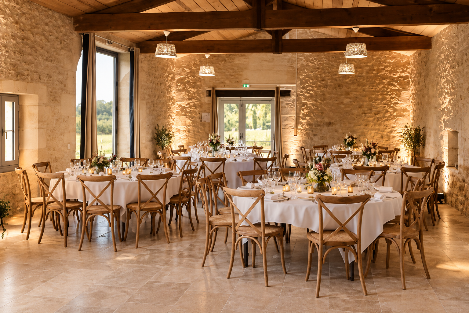 le cuvier Émile Peynaud dressé pour un dîner de mariage